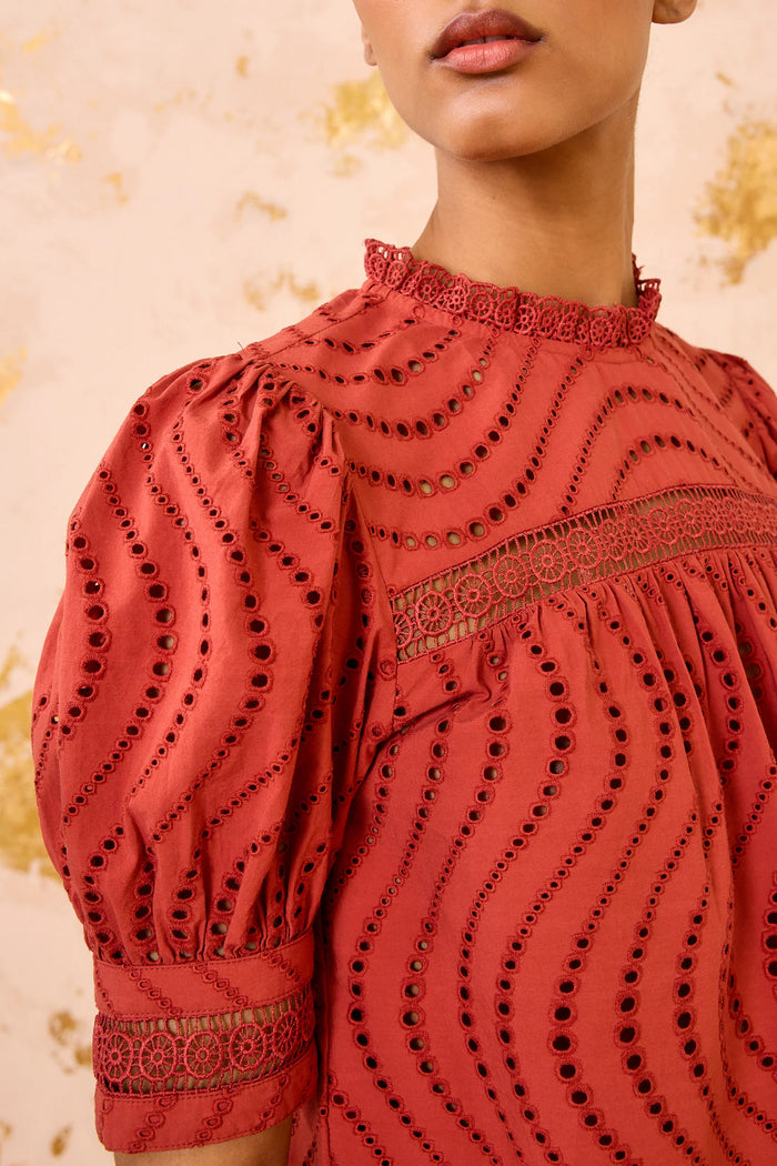 Ulla Johnson Virginia Lace Collar Short Sleeve Blouse Claret