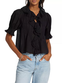 Dôen Henri Ruffled Puff-Sleeve Top Black