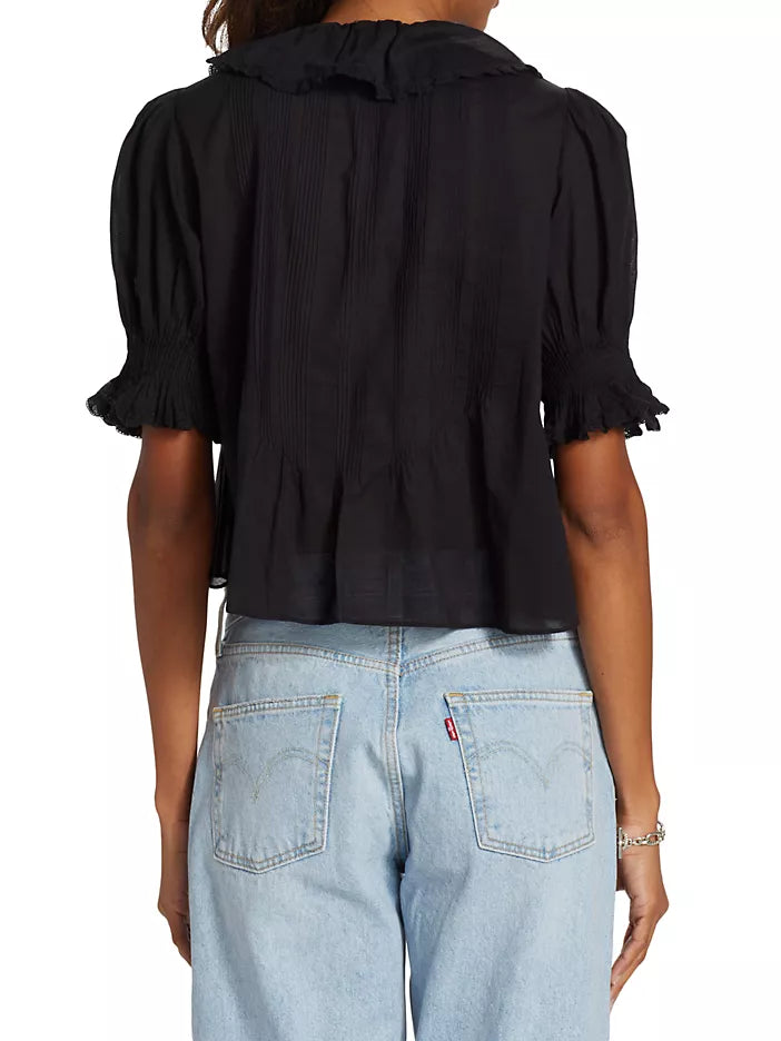 Dôen Henri Ruffled Puff-Sleeve Top Black