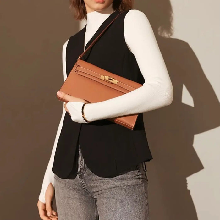 Sook Genuine Leather Envelope Shoulder Bag with Metallic Closure - Brown