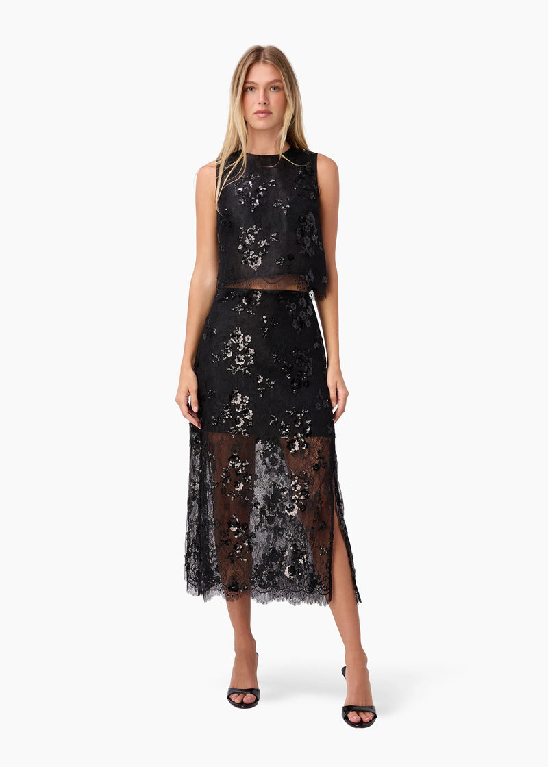 CAMI NYC AYLIN SEQUIN LACE MIDI SKIRT BLACK