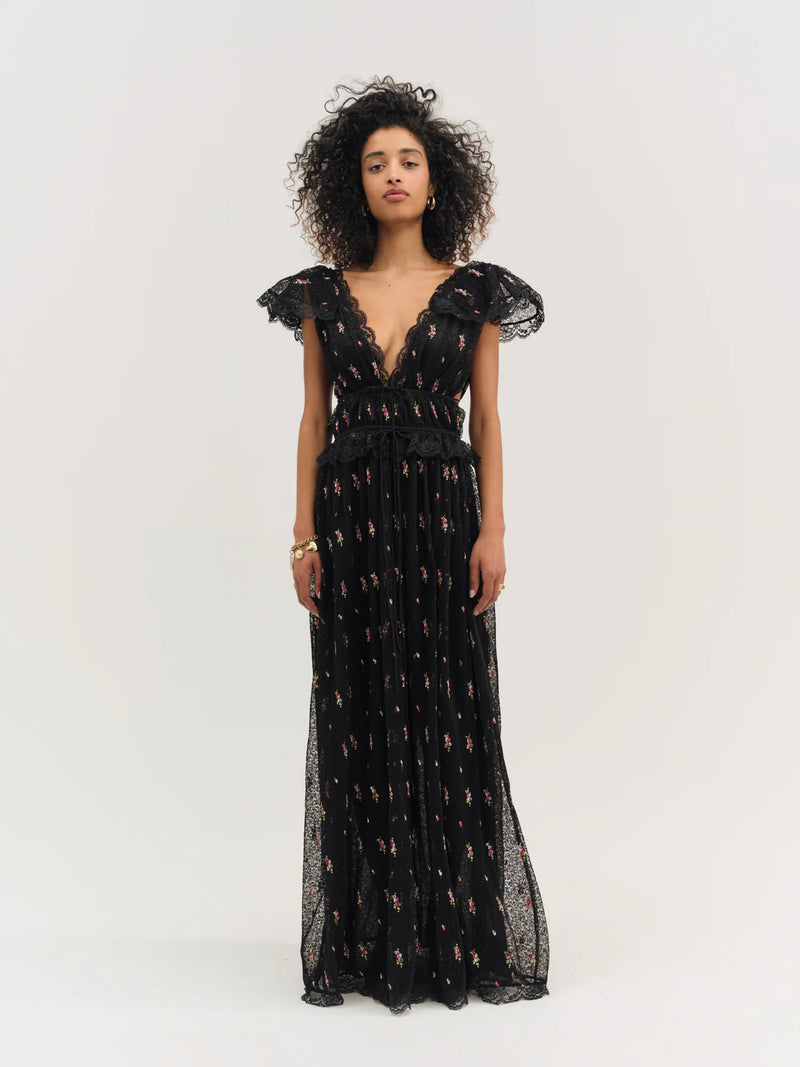 For Love & Lemons Poppy Pleated Lace Maxi Dress