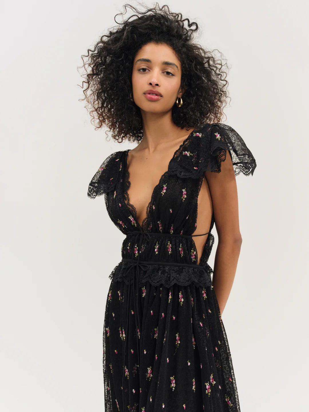 For Love & Lemons Poppy Pleated Lace Maxi Dress
