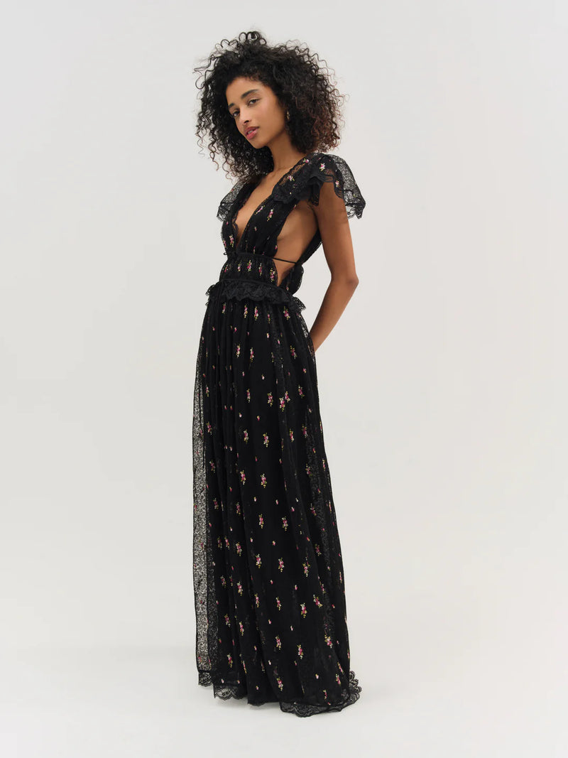 For Love & Lemons Poppy Pleated Lace Maxi Dress