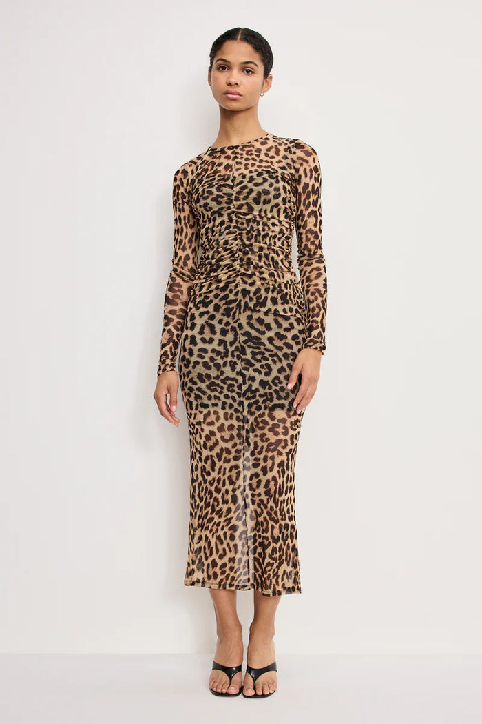 Good American Mesh Ruched Maxi Dress Lucky leopard001