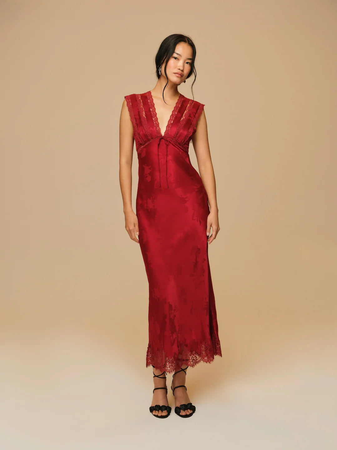 For Love & Lemons Adrift Satin Maxi Dress Red