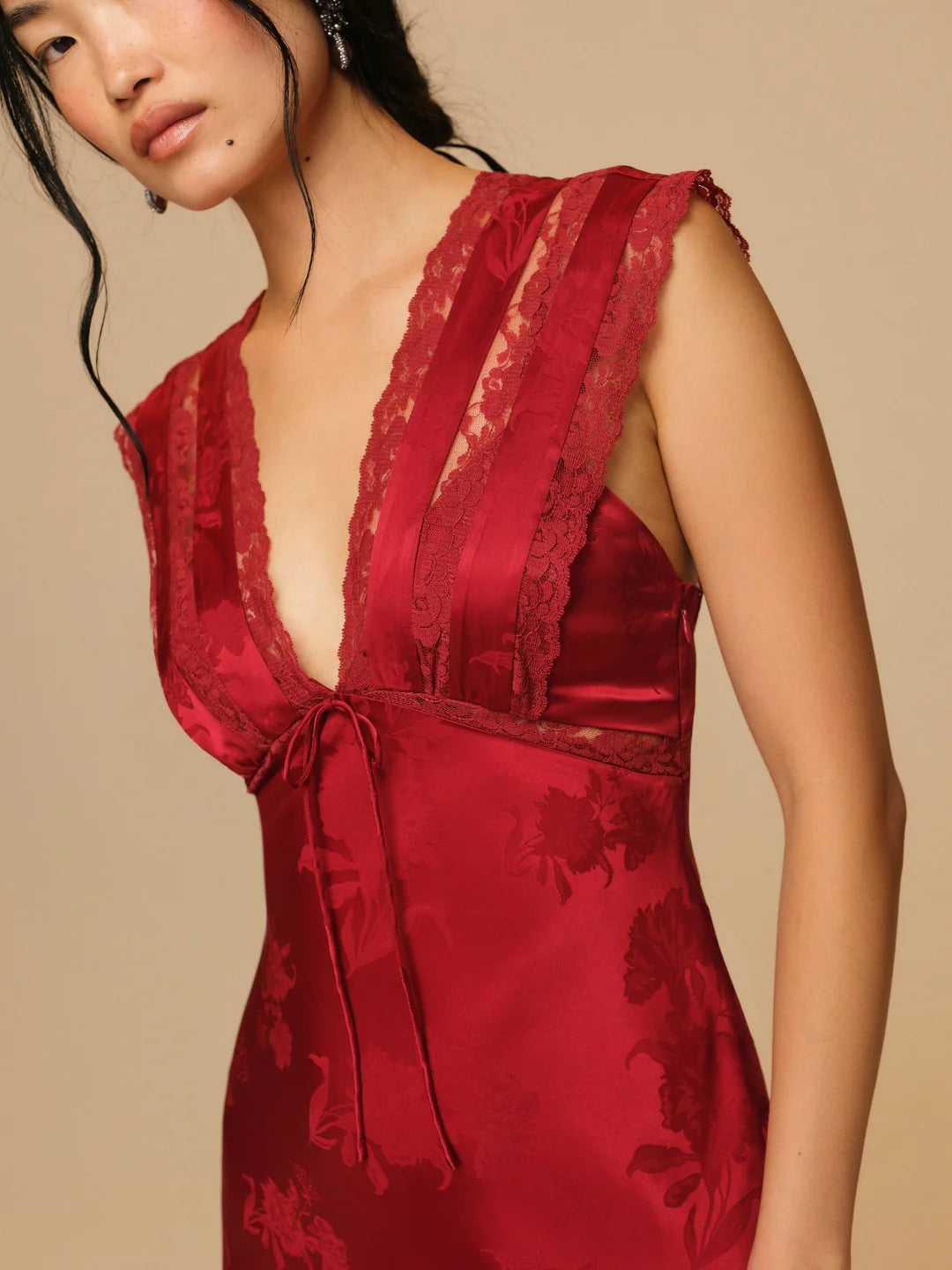 For Love & Lemons Adrift Satin Maxi Dress Red