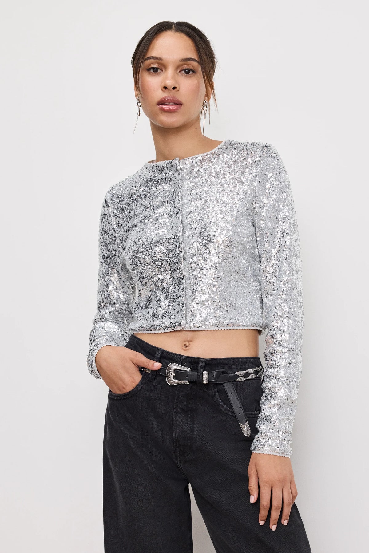 Good American SEQUIN CARDIGAN Metallic silver001