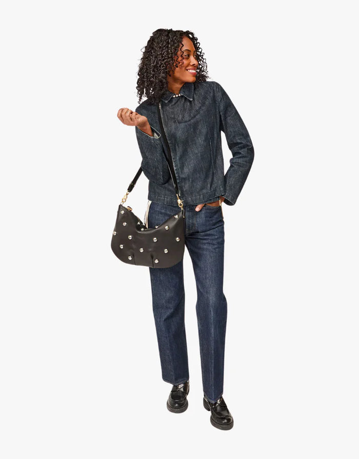 Clare V. Moyen Messenger in Black Naturelle with Studs