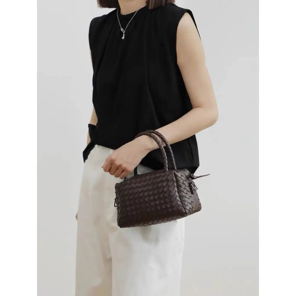 Sook Woven Boxed Handle Shoulder Bag - Coffee