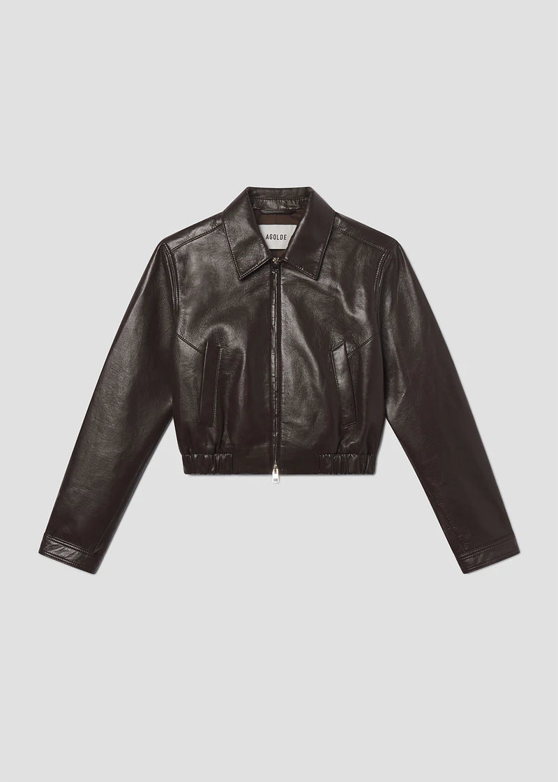 AGOLDE ESSIE RECYCLED LEATHER CROPPED JACKET IN CHOCOLATE