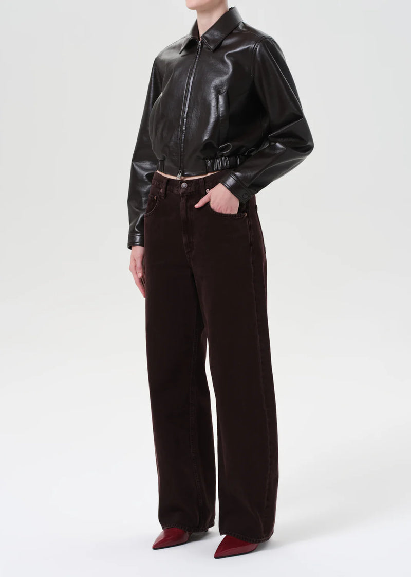 AGOLDE ESSIE RECYCLED LEATHER CROPPED JACKET IN CHOCOLATE