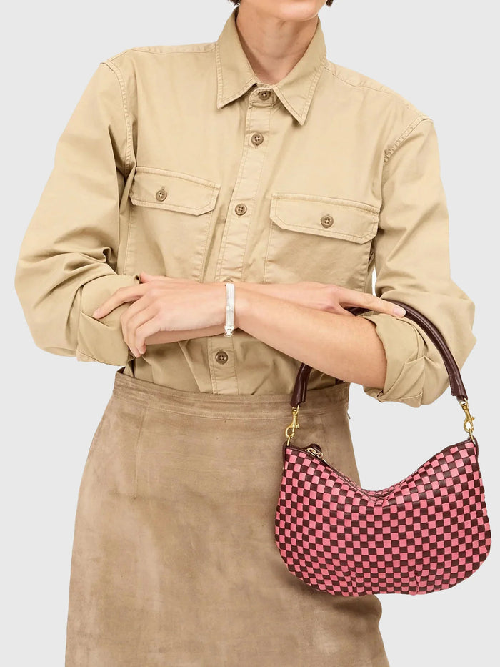 Clare V. Petit Moyen Messenger - Woven Checker- Raisin/Petal