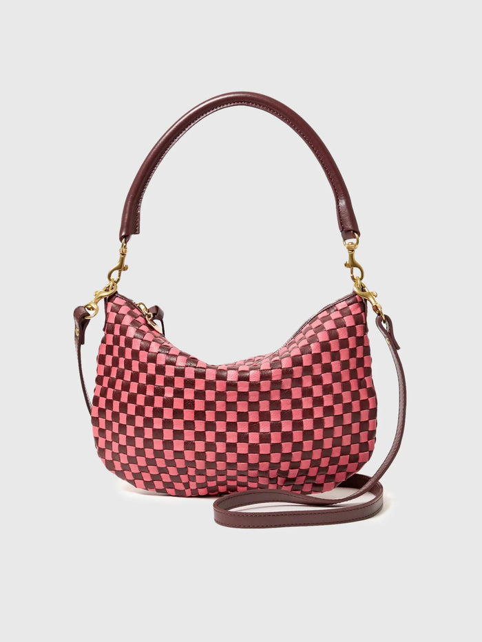 Clare V. Petit Moyen Messenger - Woven Checker- Raisin/Petal