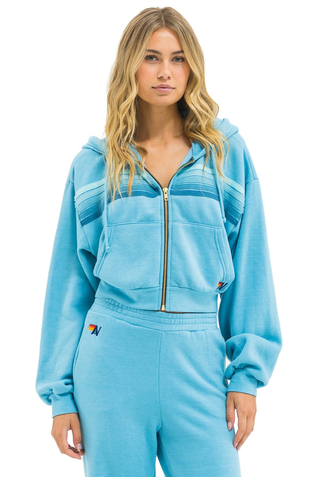 Aviator Nation 5 STRIPE CROPPED ZIP HOODIE RELAXED - AQUA // AQUA