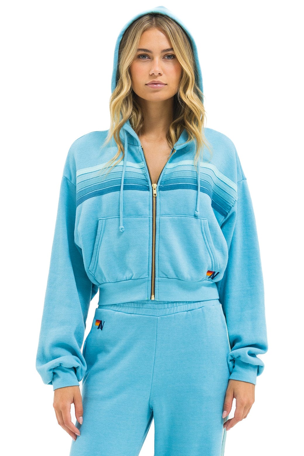 Aviator Nation 5 STRIPE CROPPED ZIP HOODIE RELAXED - AQUA // AQUA