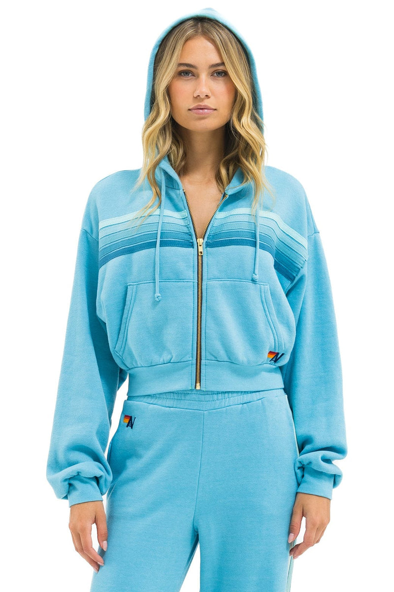 Aviator Nation 5 STRIPE CROPPED ZIP HOODIE RELAXED - AQUA // AQUA