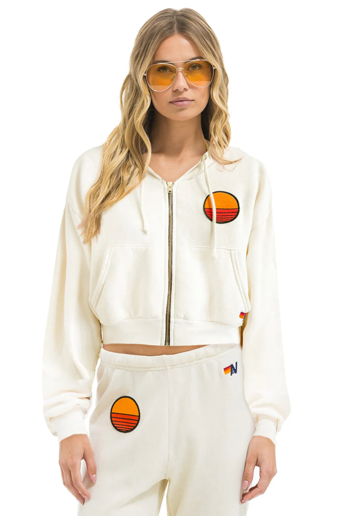 Aviator Nation SUNSET PATCH RELAXED CROPPED ZIP HOODIE - VINTAGE WHITE