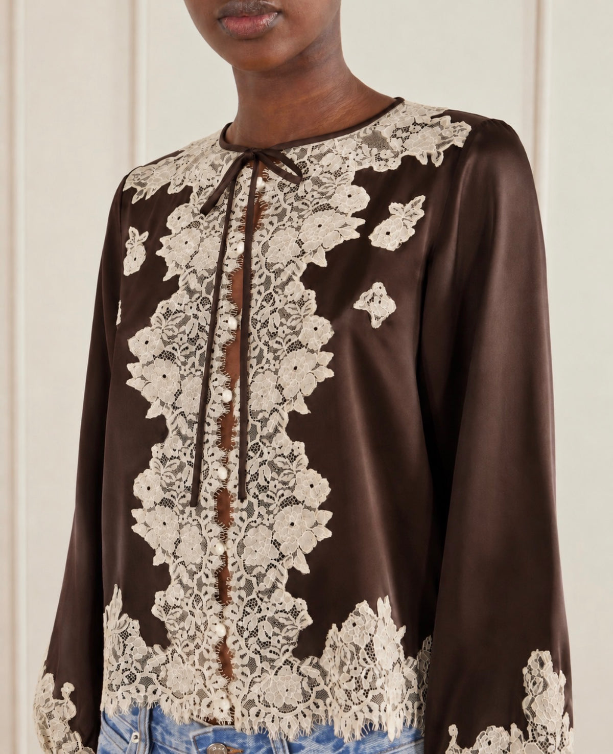 Dôen Lucine lace-trimmed silk-satin blouse Cream