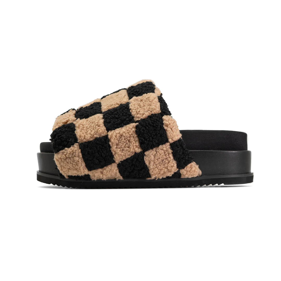 ROAM FUZZY CHECKER STACK PLATFORM BLACK & BEIGE FAUX SHEARLING