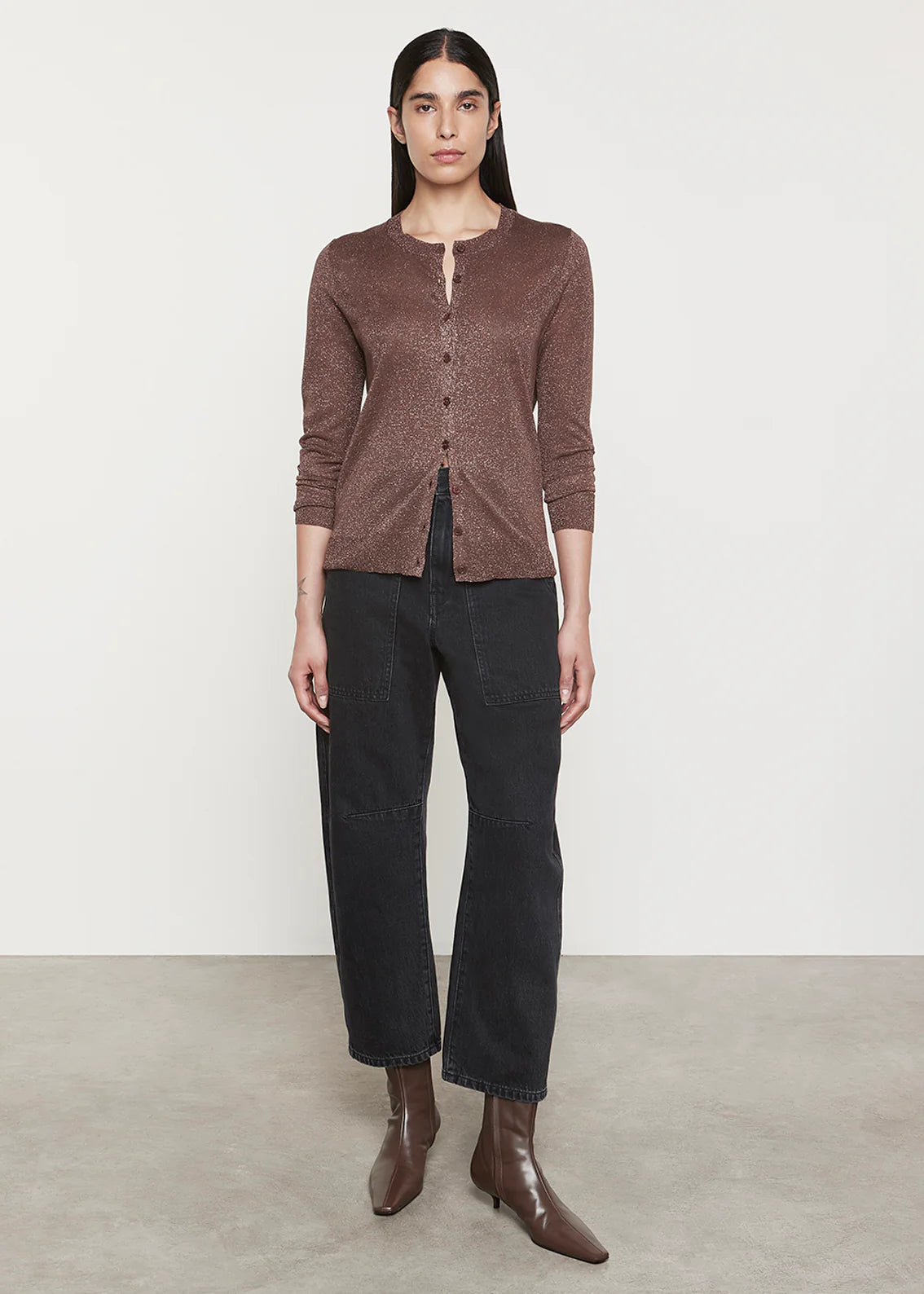 Enza Costa Brown LAMÉ KNITTED CARDIGAN