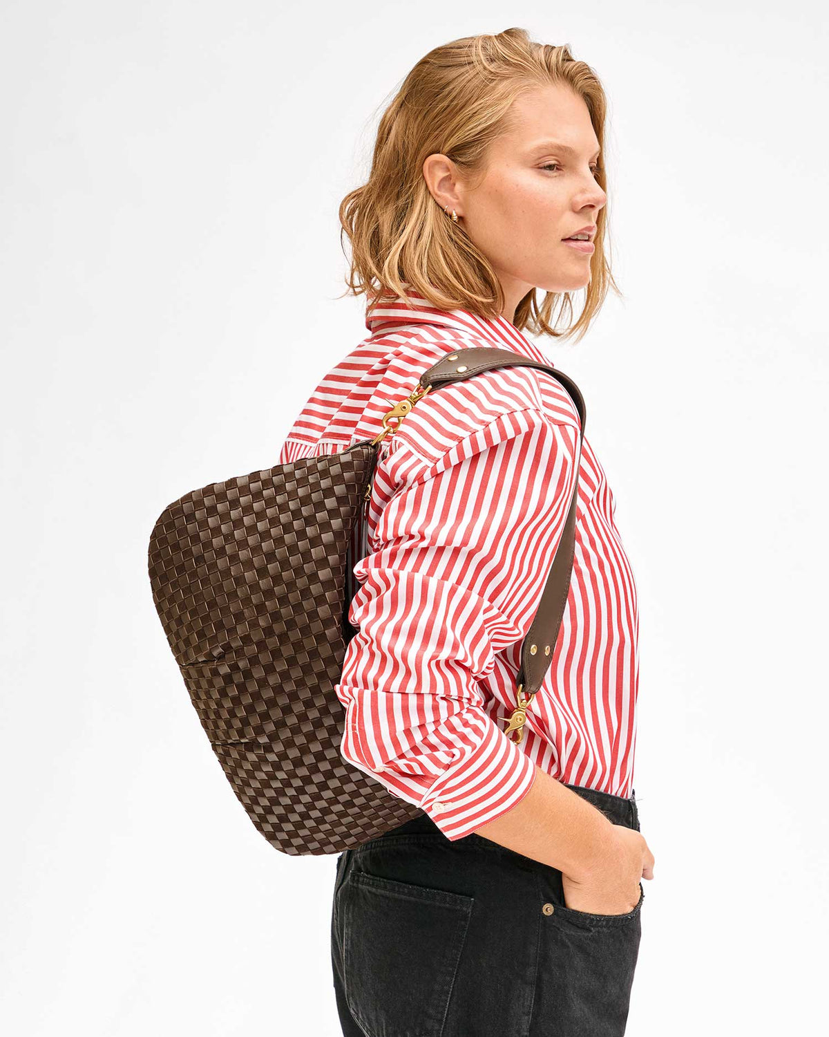 Clare V. Moyen Messenger Mahogany Nappa & Suede Woven Checker