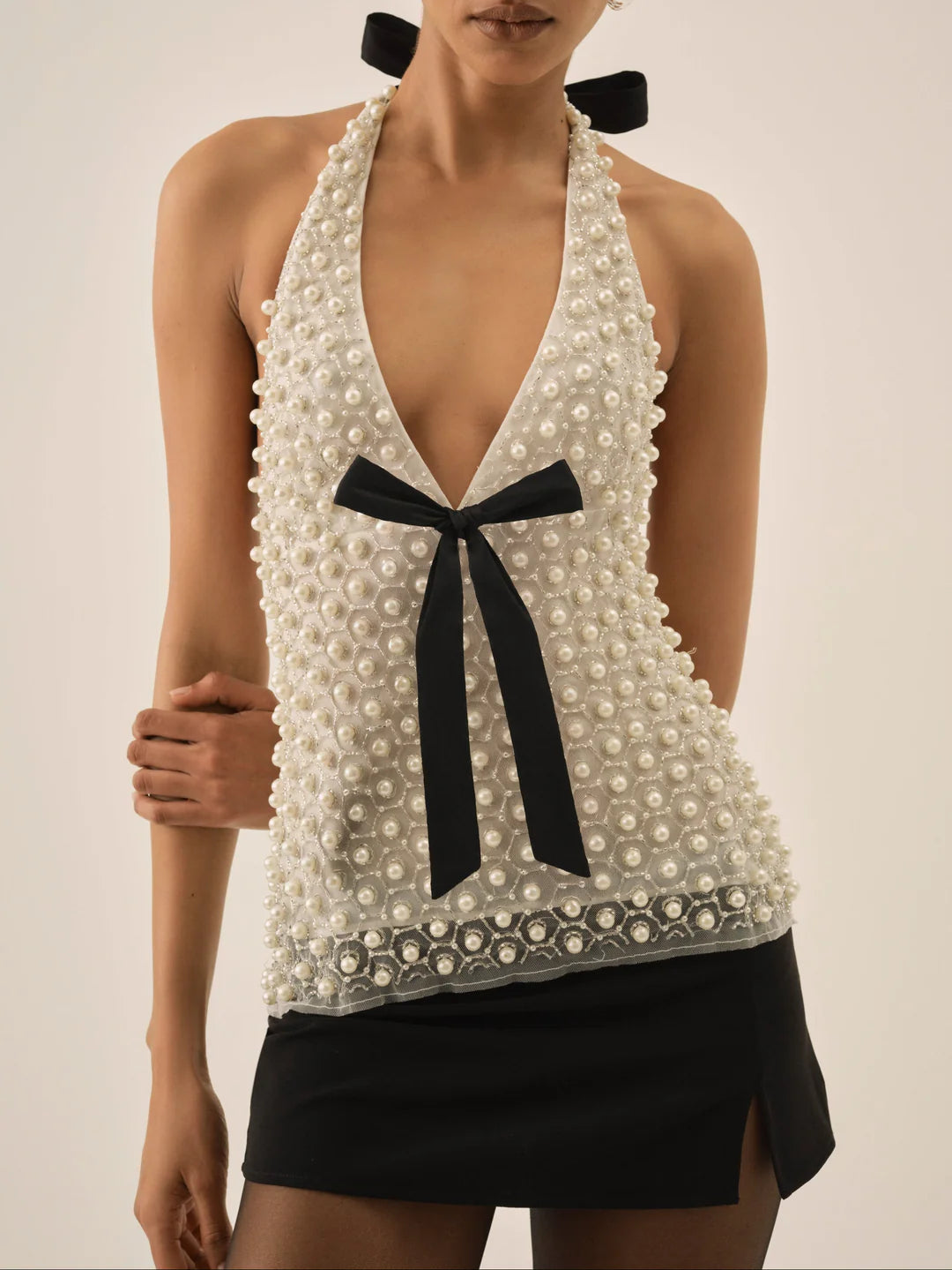 For Love & Lemons Pearly Bow Halter Top