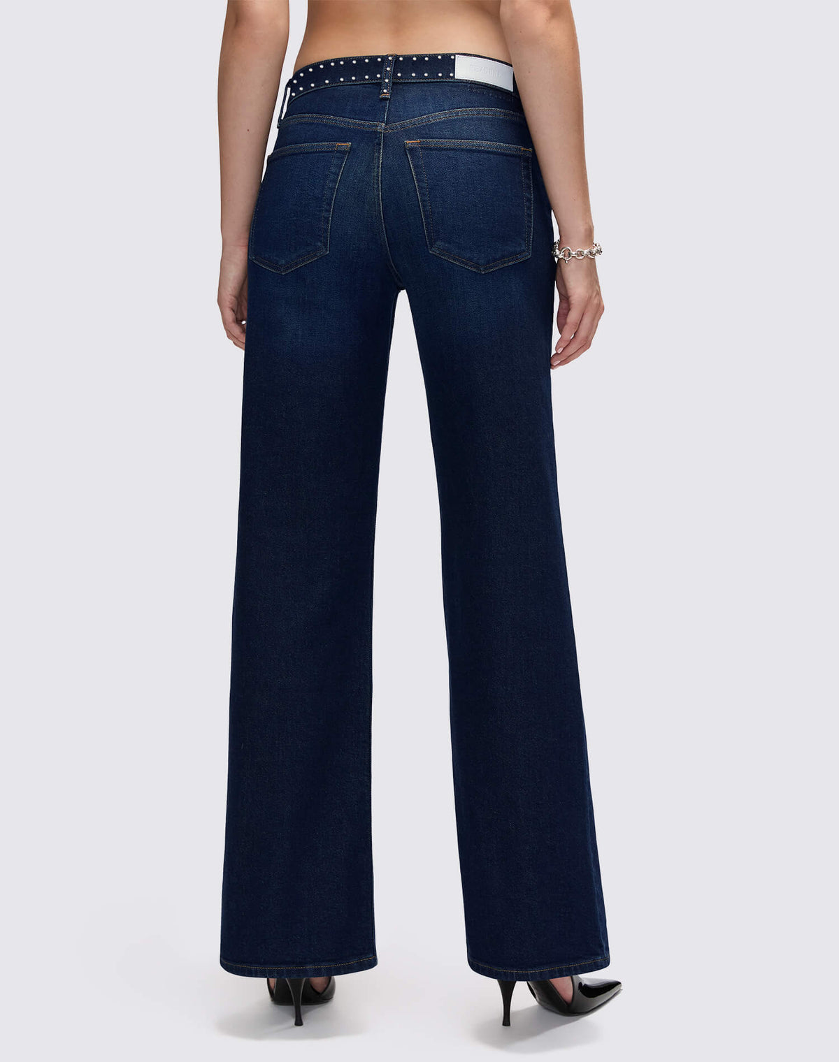 RE/DONE COMFORT STRETCH STUDDED MID RISE WIDE LEG BARELY WORN STUD
