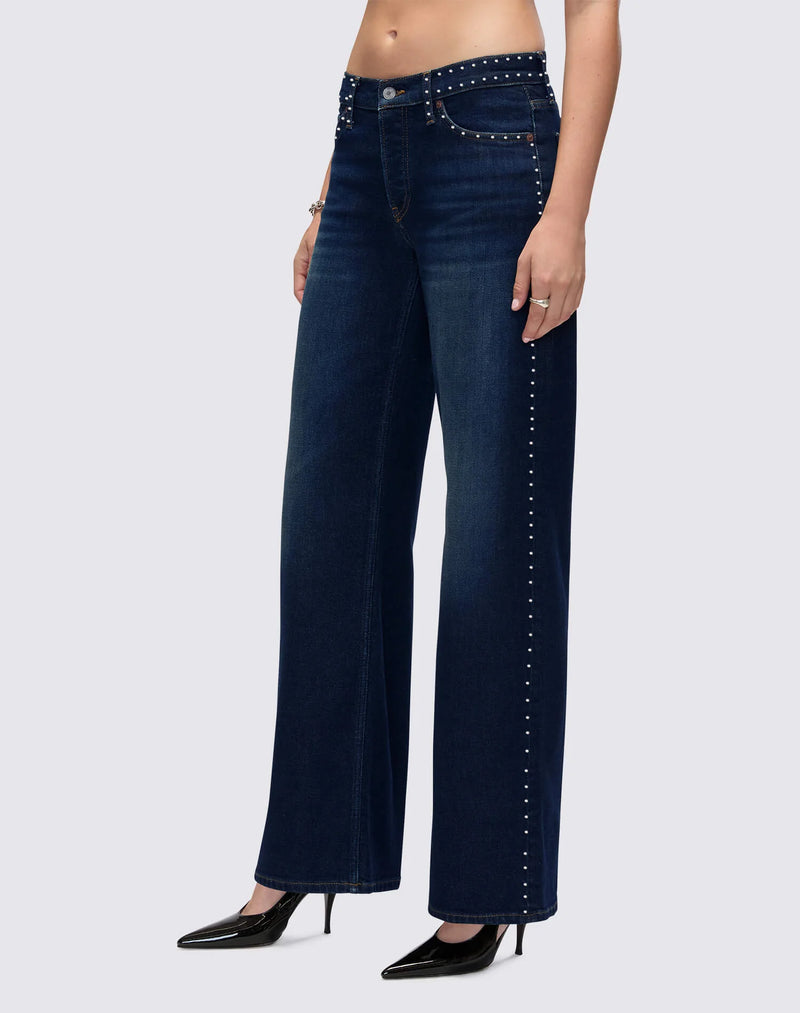 RE/DONE COMFORT STRETCH STUDDED MID RISE WIDE LEG BARELY WORN STUD