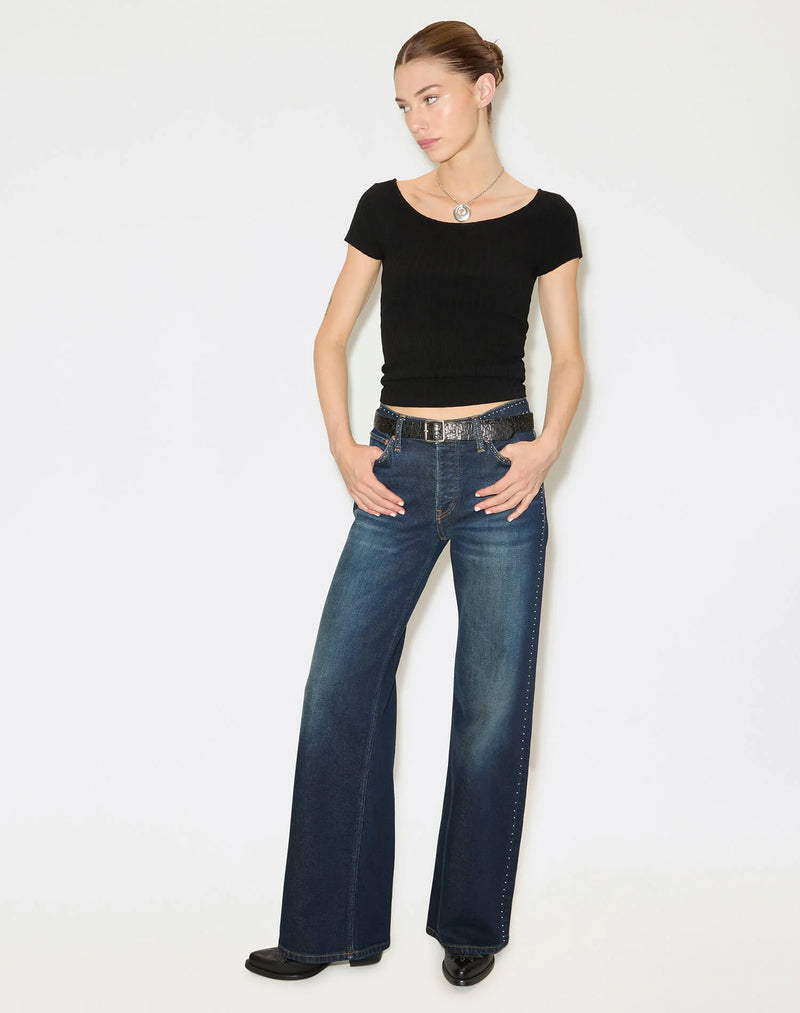 RE/DONE COMFORT STRETCH STUDDED MID RISE WIDE LEG BARELY WORN STUD