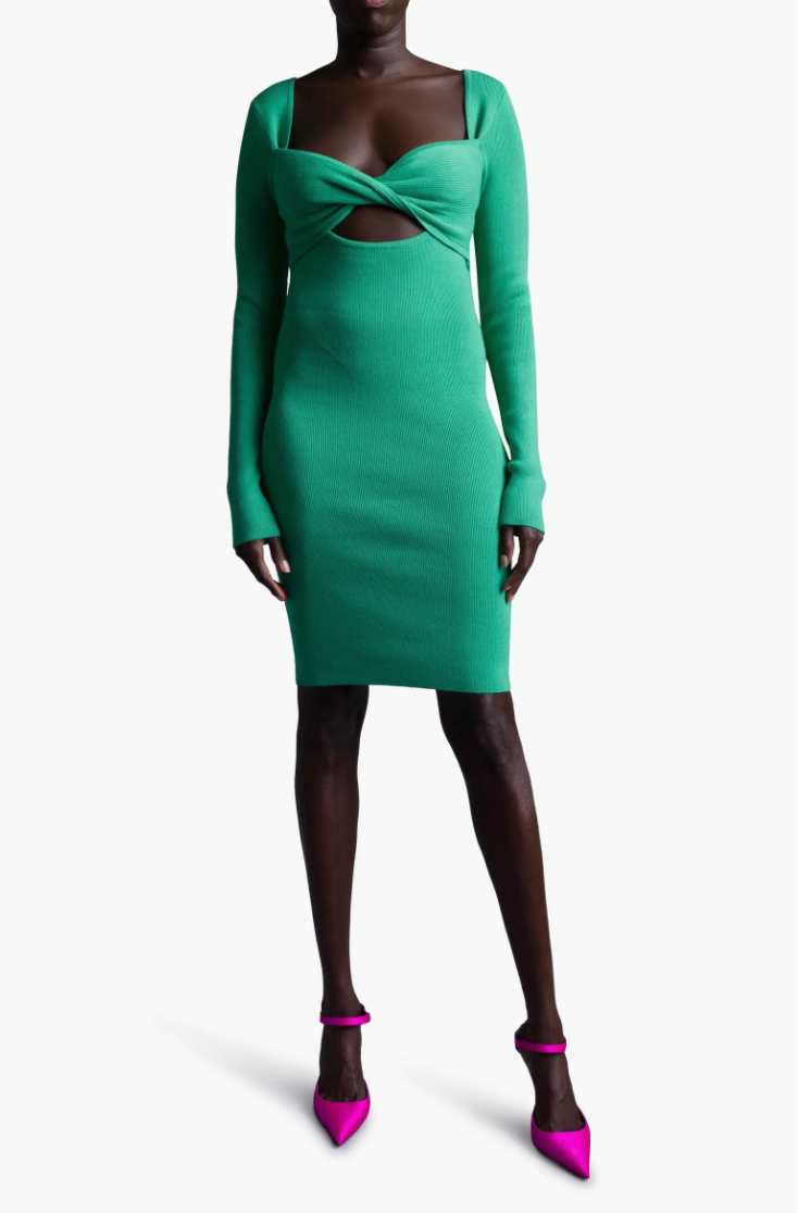 Le Superbe Retrograde Twist Front Long Sleeve Knit Dress Emerald