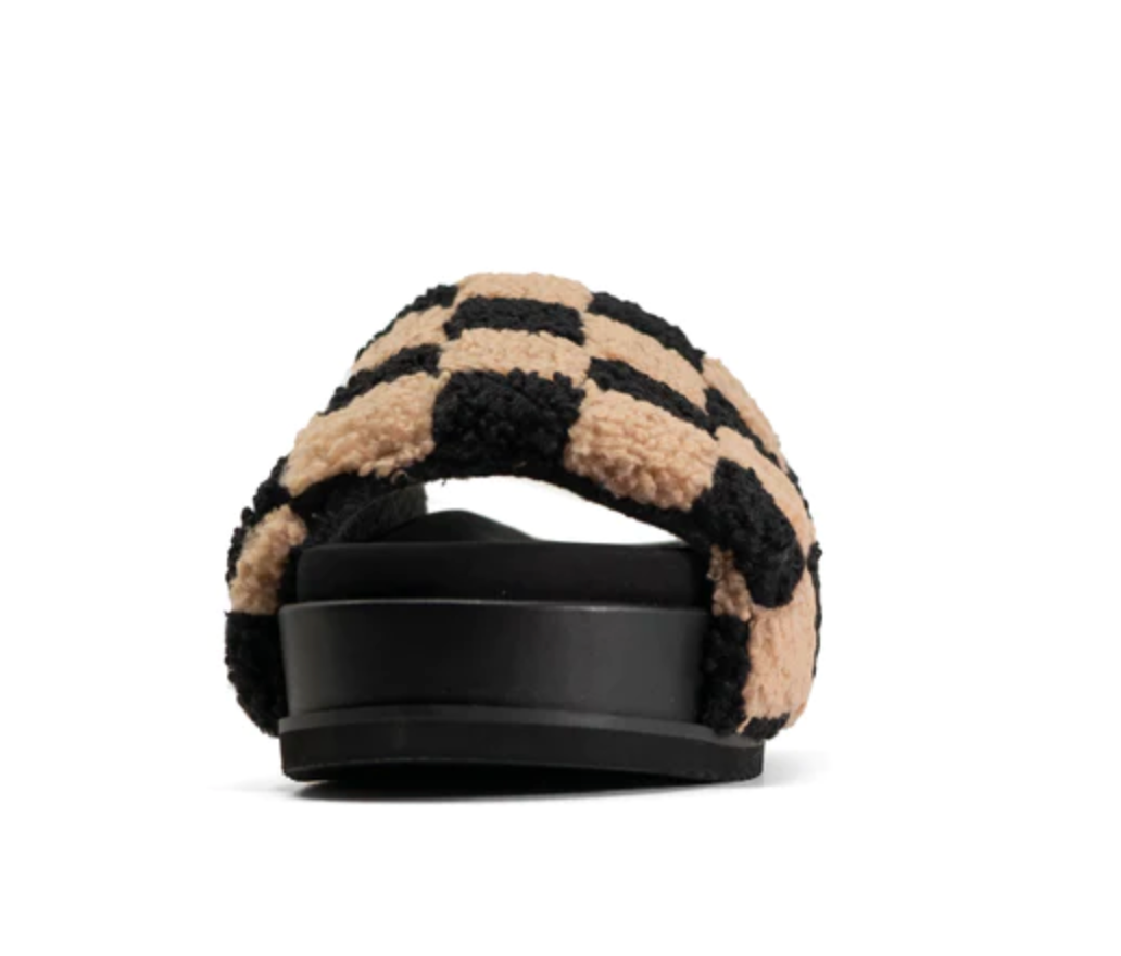 ROAM FUZZY CHECKER STACK PLATFORM BLACK & BEIGE FAUX SHEARLING