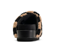 ROAM FUZZY CHECKER STACK PLATFORM BLACK & BEIGE FAUX SHEARLING