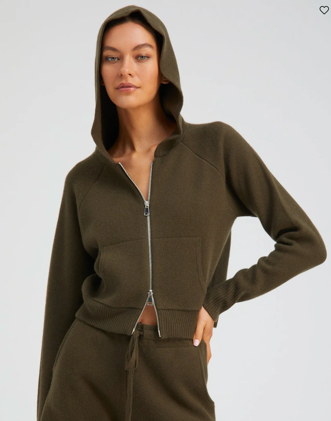 SPRWMN OLIVE CASHMERE SHRUNKEN ZIP UP HOODIE