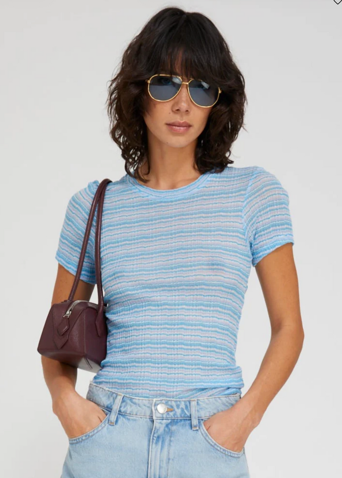 SPRWMN Pointelle Baby Tee Turquoise Stripes