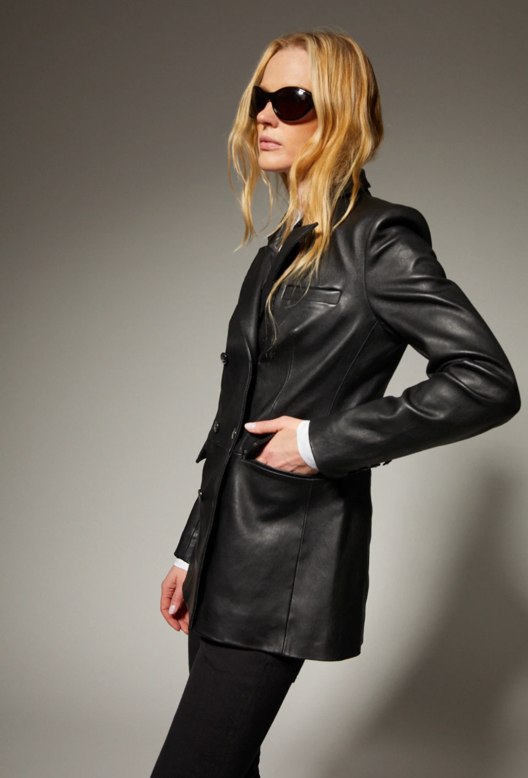 SPRWMN Leather Fitted Blazer Black