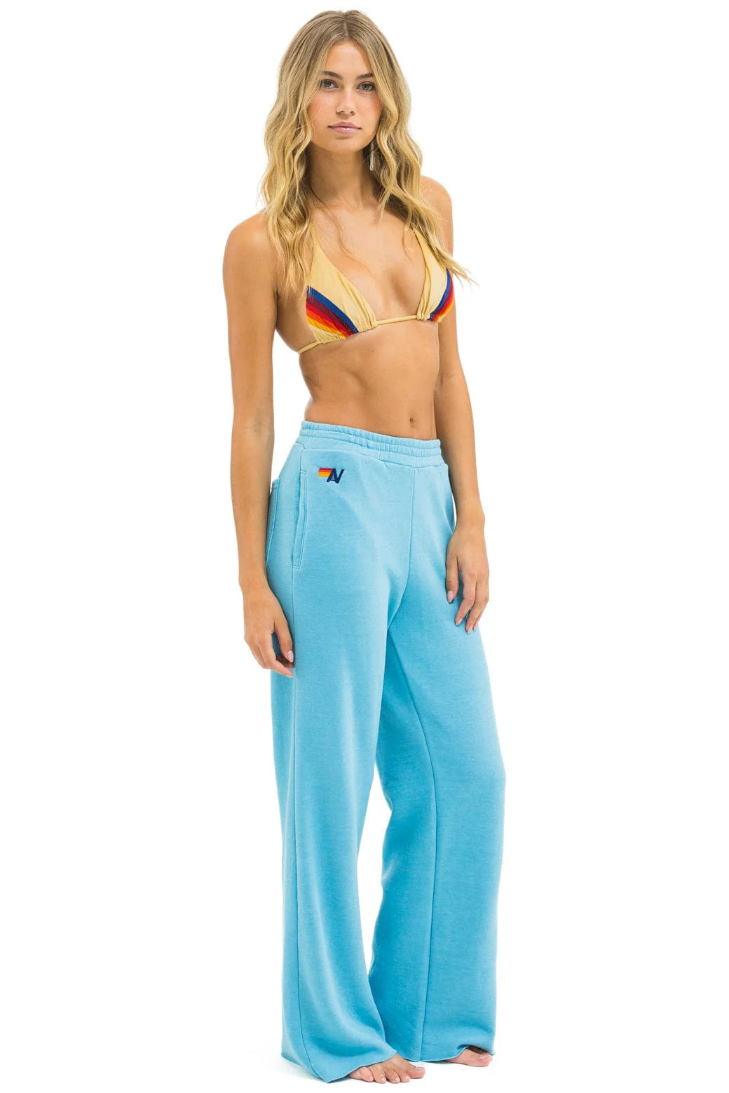 Aviator Nation 5 STRIPE WIDE LEG POCKET SWEATPANTS - AQUA // AQUA