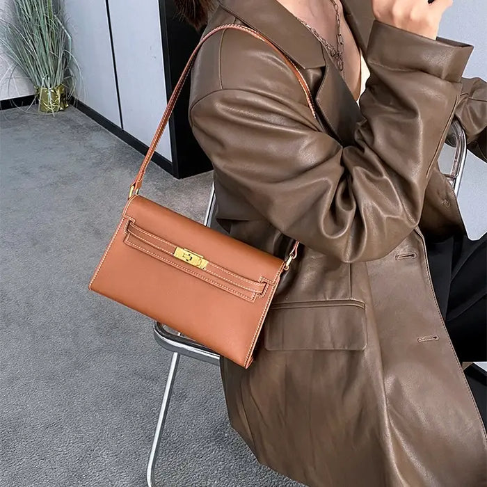 Sook Genuine Leather Envelope Shoulder Bag with Metallic Closure - Brown