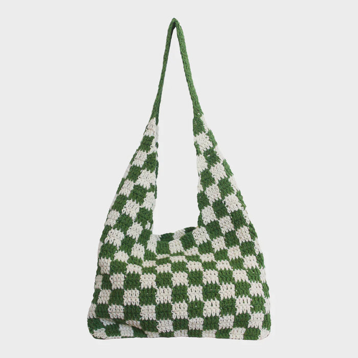 SOOK STAINABLE Grass Green Checkered Pattern Chess Crochet Tote Bag