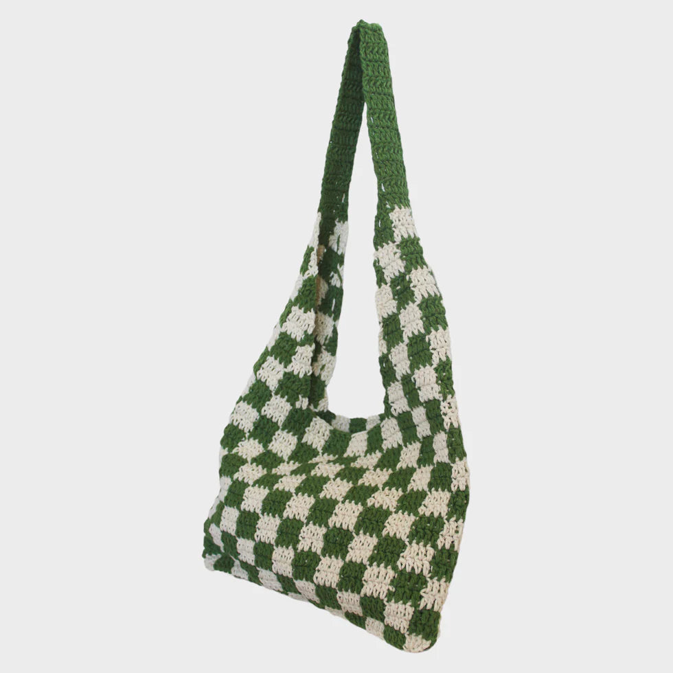 SOOK STAINABLE Grass Green Checkered Pattern Chess Crochet Tote Bag