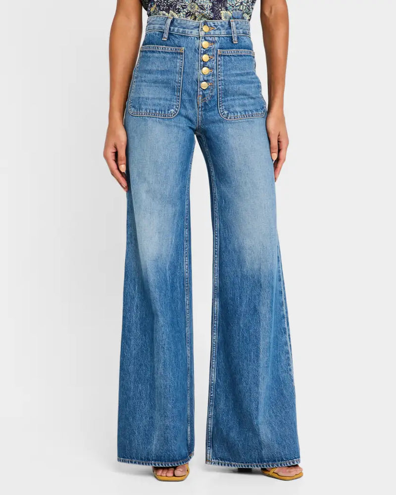 ULLA JOHNSON The Gwynne Jean Flare Wide Leg High-Rise Button Denim- Danube