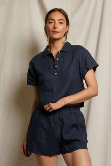 Perfectwhitetee tabitha linen collared cropped polo tee Navy