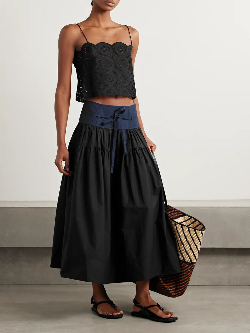 ULLA JOHNSON Angeline tie-detailed gathered washed cotton-poplin midi skirt